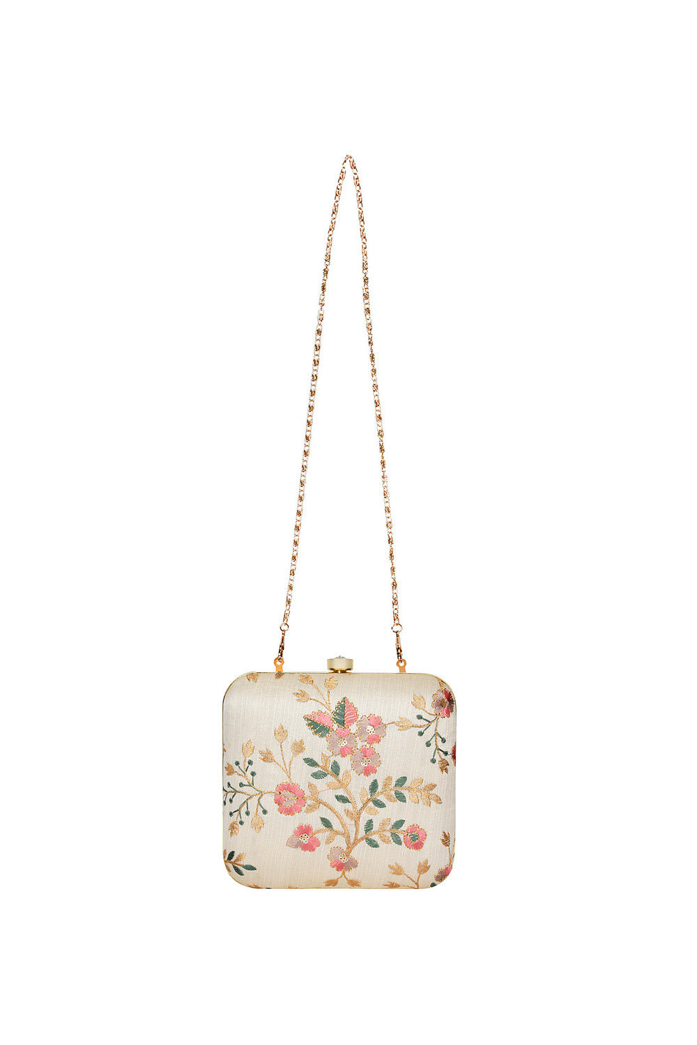 Designer Off-White & Pink Floral Threadwork Square Clutch