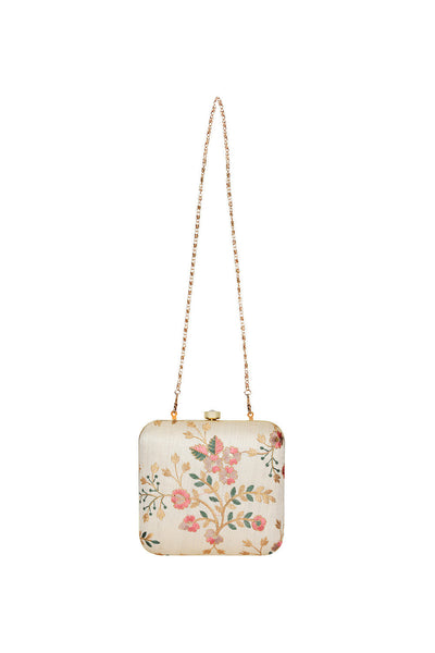 Designer Off-White & Pink Floral Threadwork Square Clutch