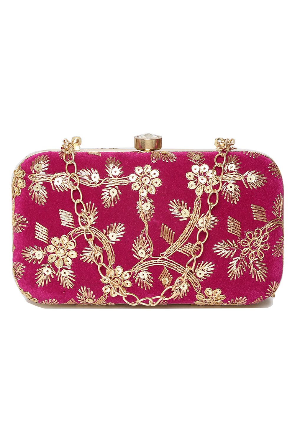 Designer Tulle Sequin Embroidered Velvet Clutch Fuschia & Gold