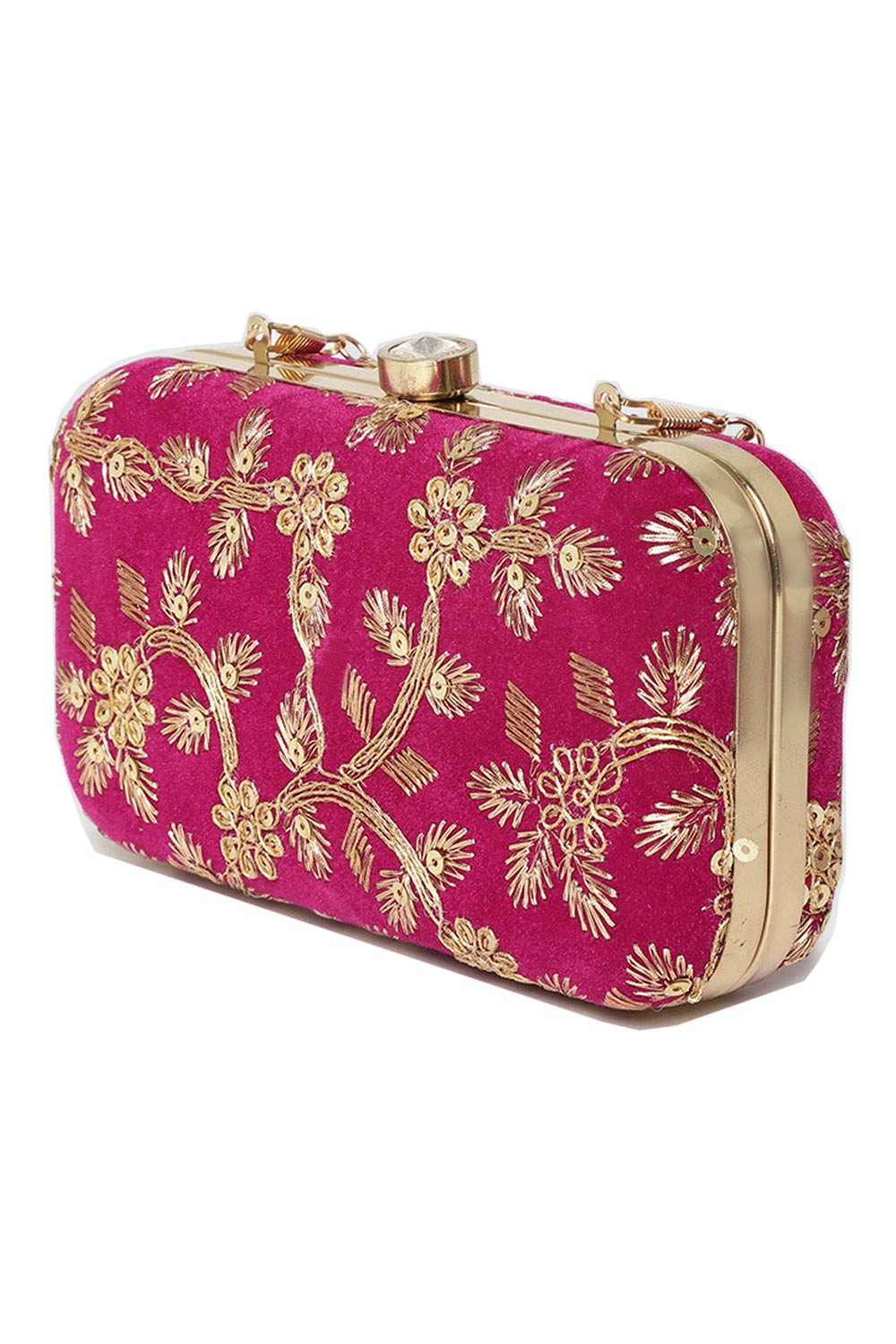 Designer Tulle Sequin Embroidered Velvet Clutch Fuschia & Gold