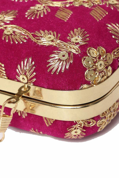 Designer Tulle Sequin Embroidered Velvet Clutch Fuschia & Gold