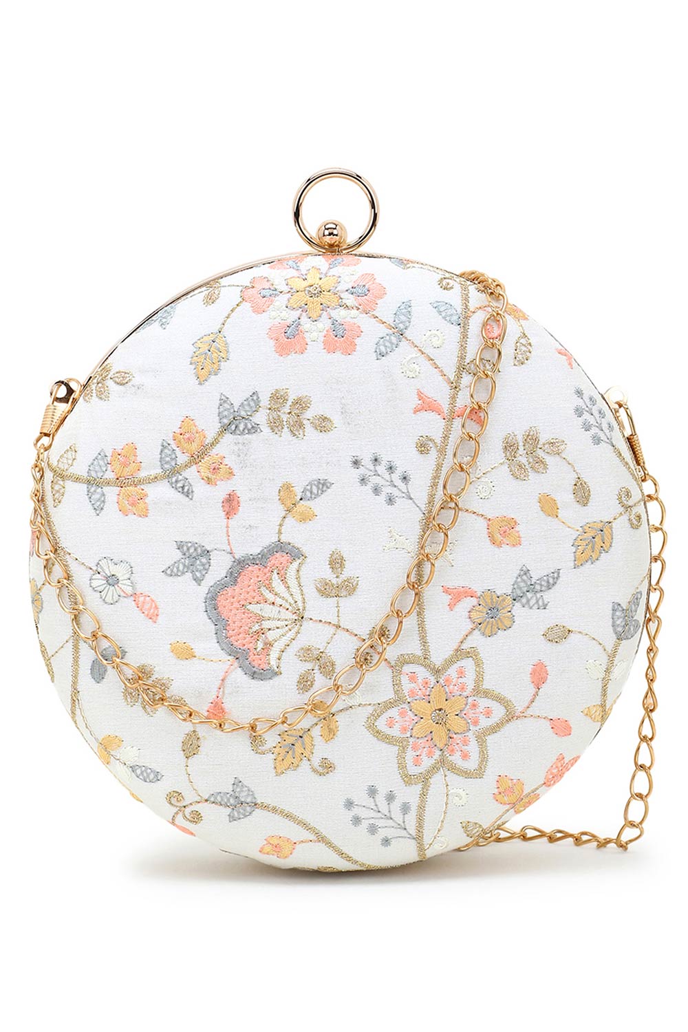 Designer White & Peach Floral Embroidered Round Clutch