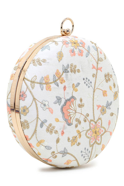 Designer White & Peach Floral Embroidered Round Clutch