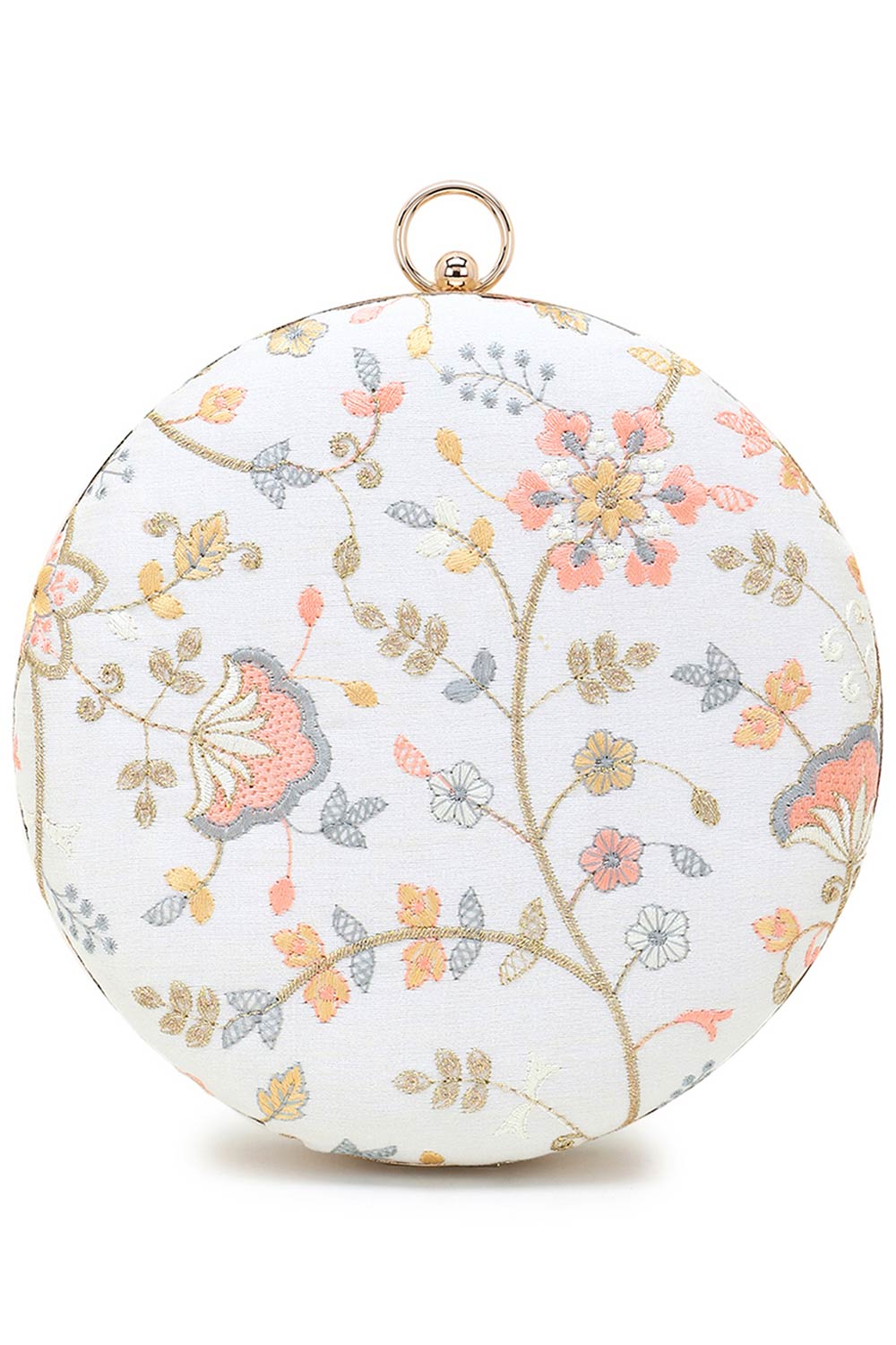 Designer White & Peach Floral Embroidered Round Clutch