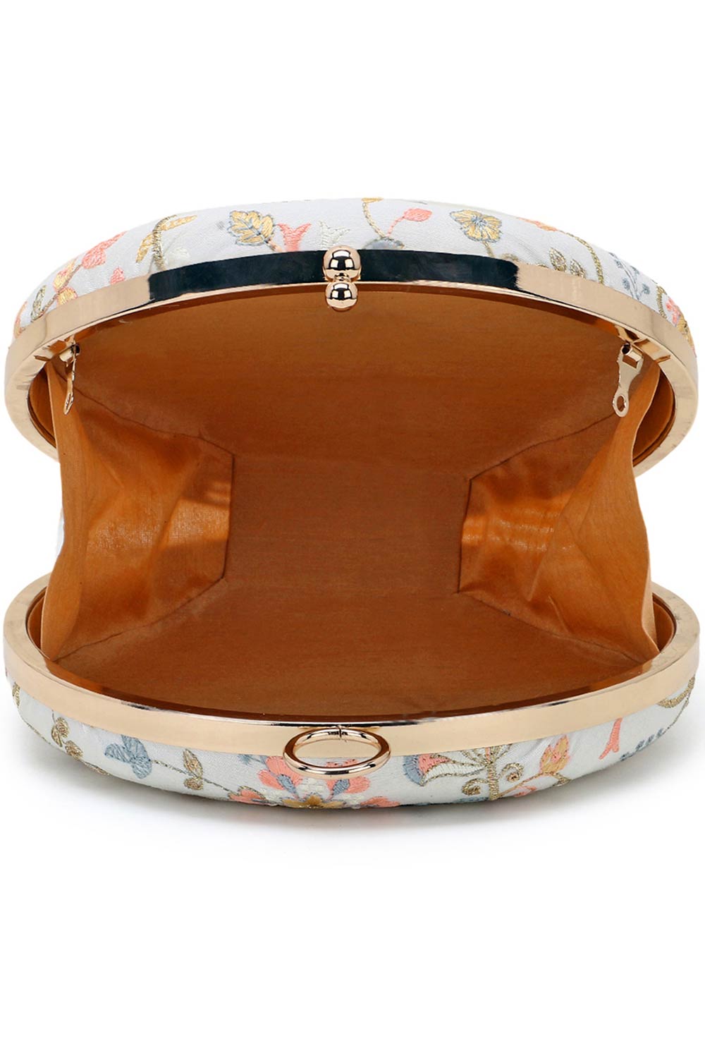 Designer White & Peach Floral Embroidered Round Clutch