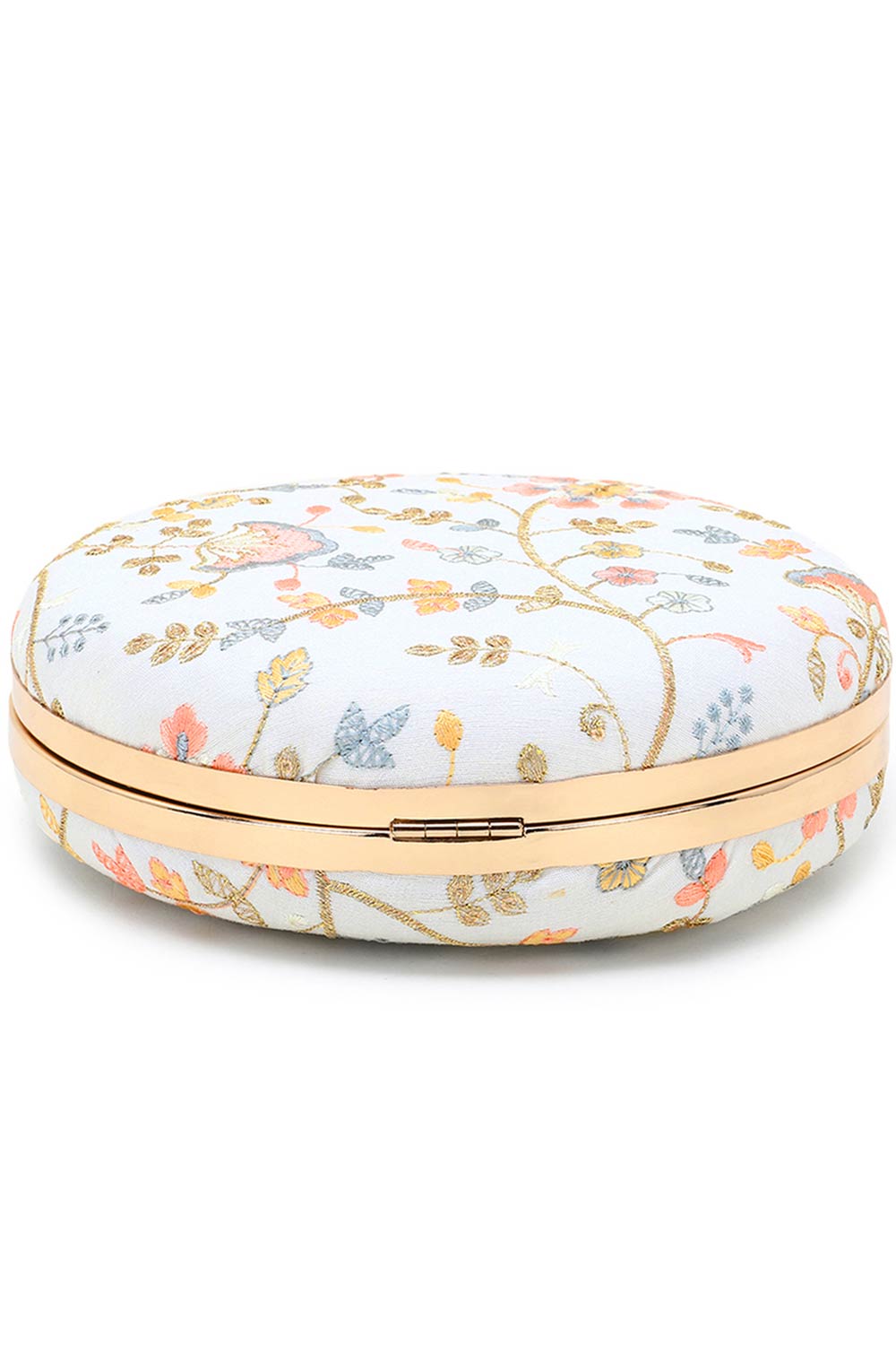 Designer White & Peach Floral Embroidered Round Clutch