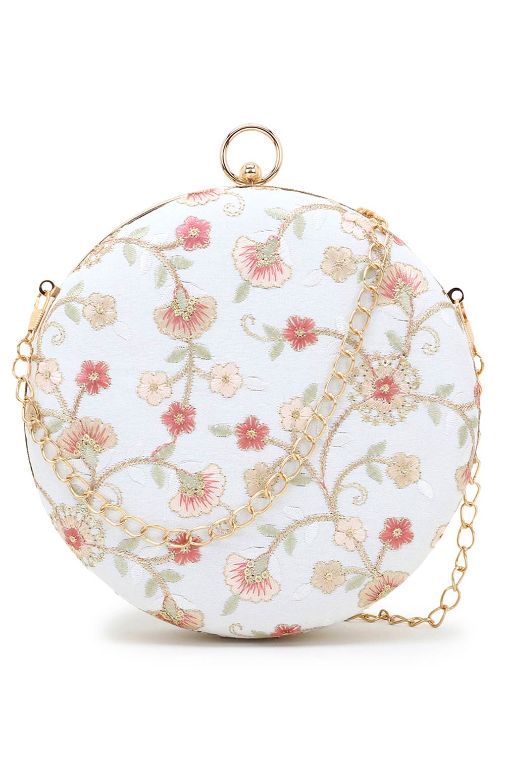 Designer Off-White Silk Floral Embroidered Round Clutch