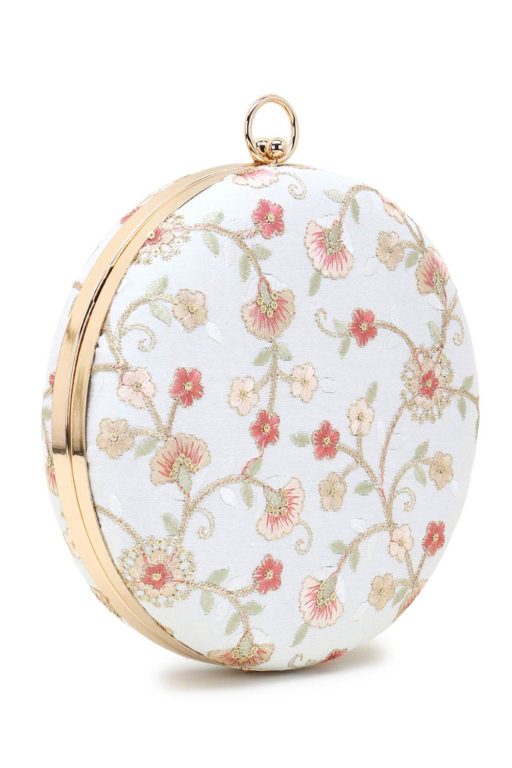 Designer Off-White Silk Floral Embroidered Round Clutch