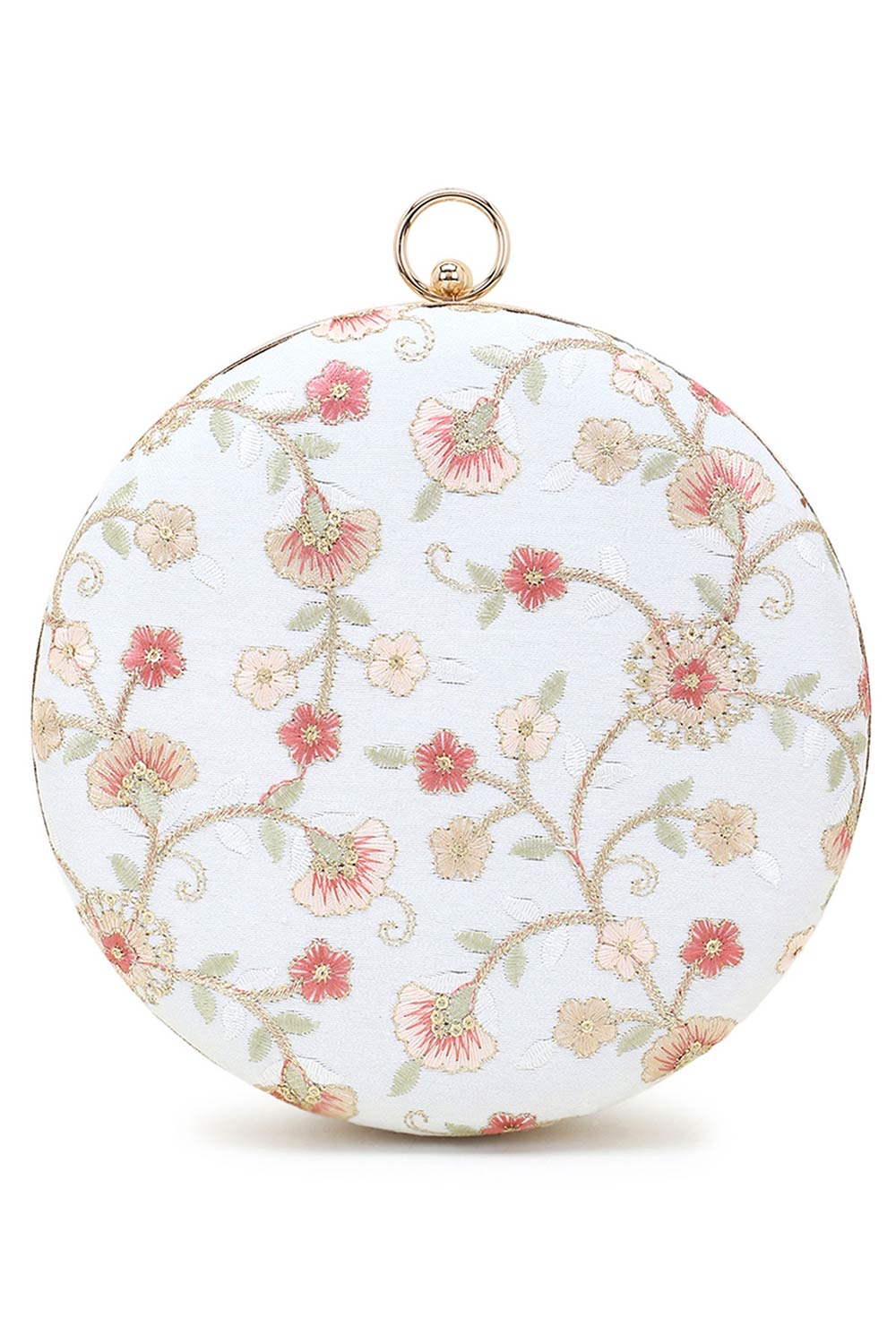 Designer Off-White Silk Floral Embroidered Round Clutch