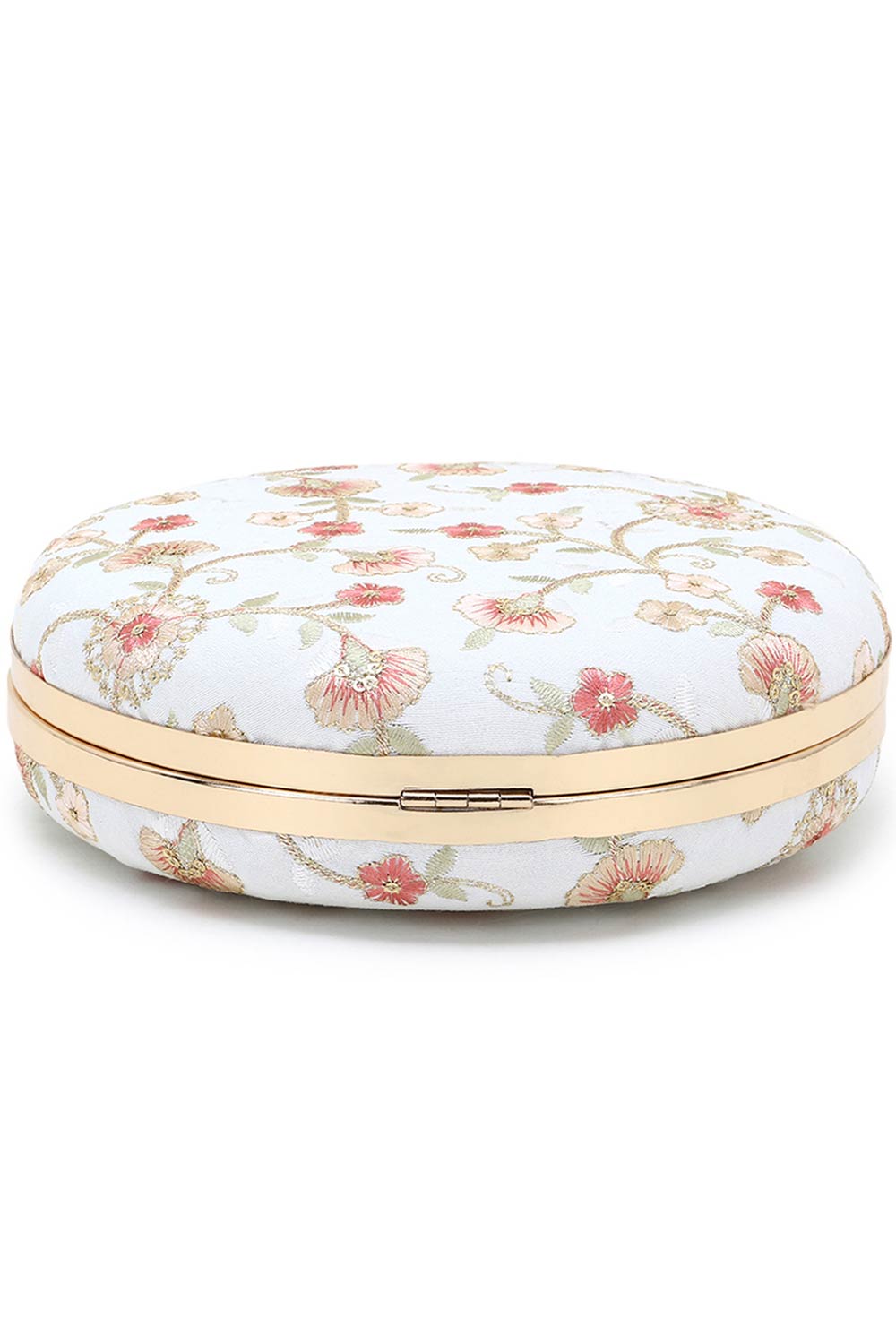 Designer Off-White Silk Floral Embroidered Round Clutch