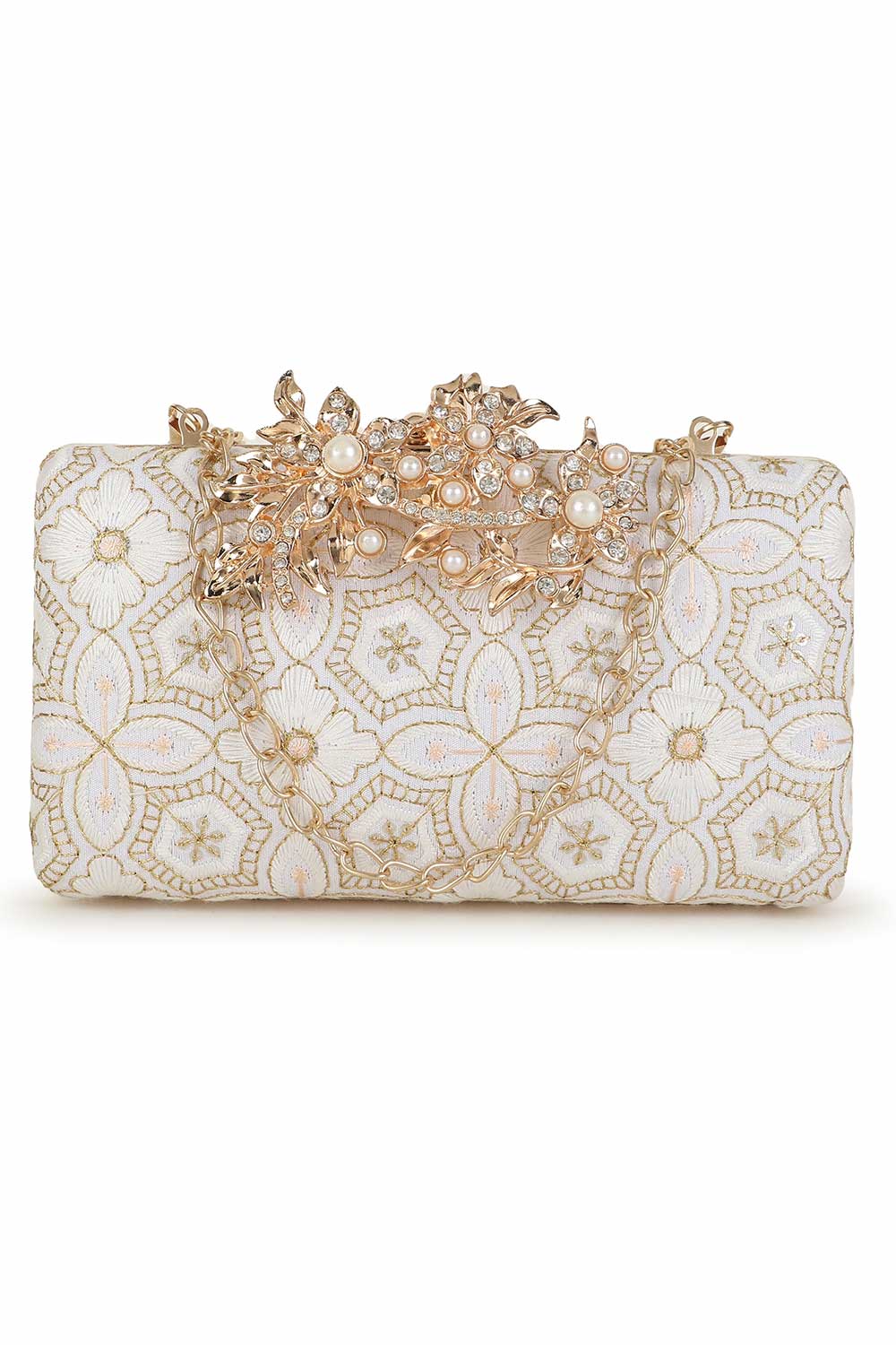 Designer Off-White with Intricate Gold Clasp Clutch