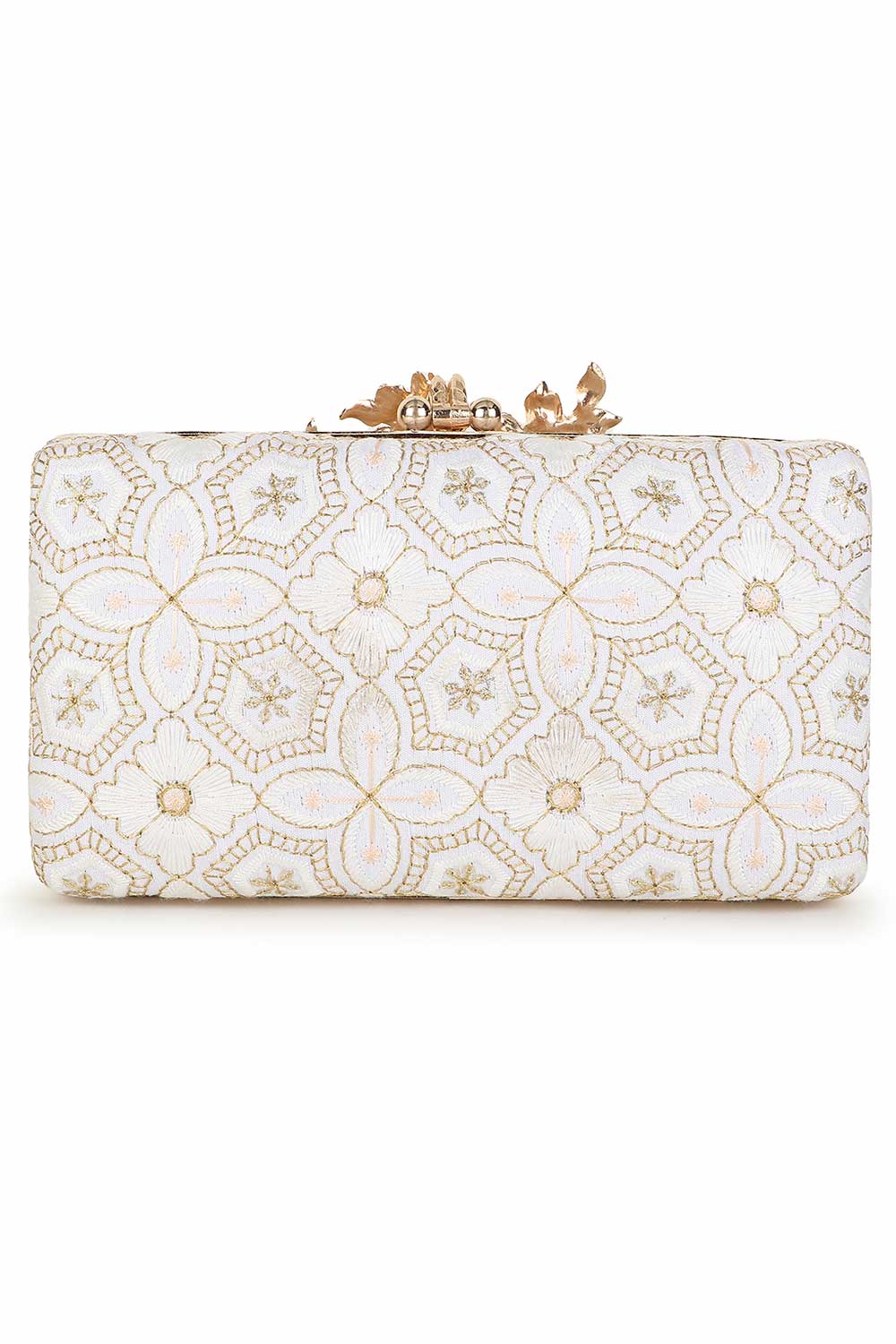 Designer Off-White with Intricate Gold Clasp Clutch