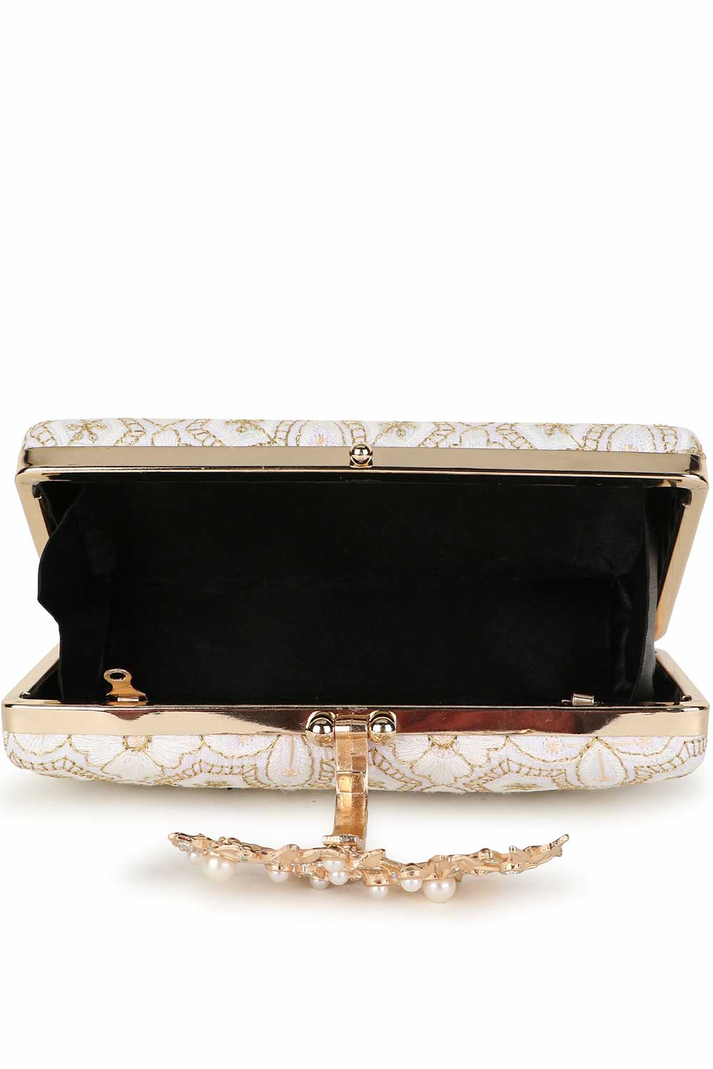 Designer Off-White with Intricate Gold Clasp Clutch