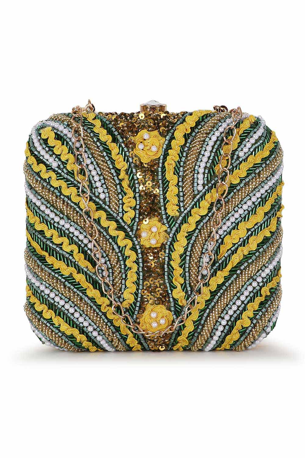 Designer Mehendi Green & Yellow Beadwork Square Clutch