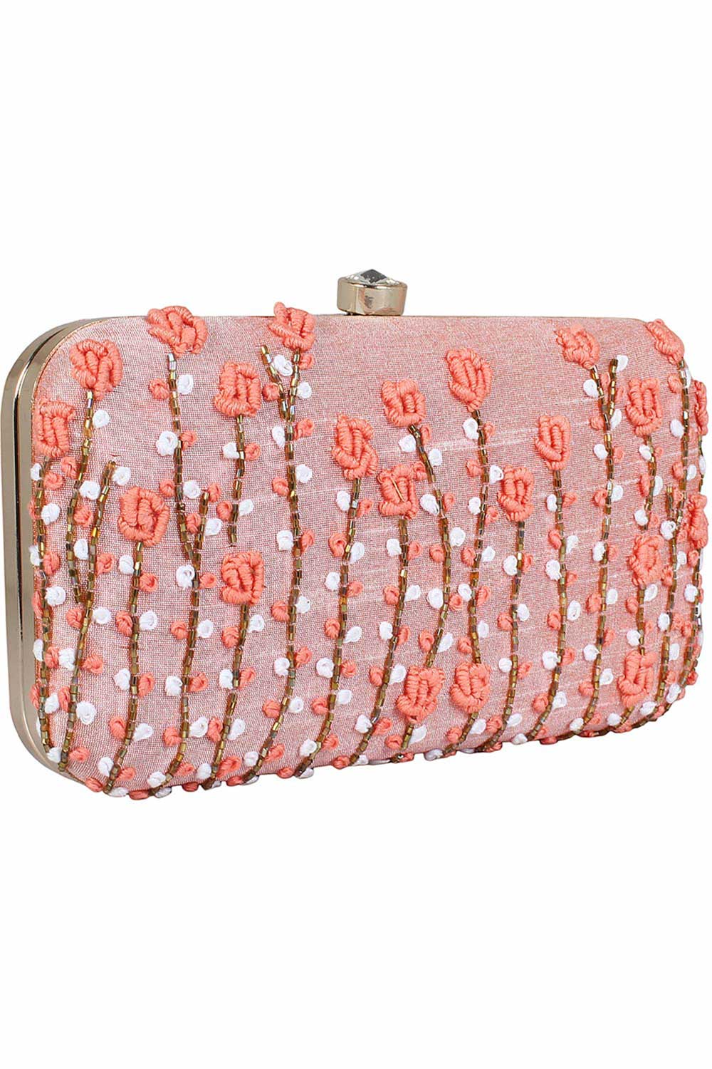 Designer Embroidered & Beaded Silk Clutch Baby Pink