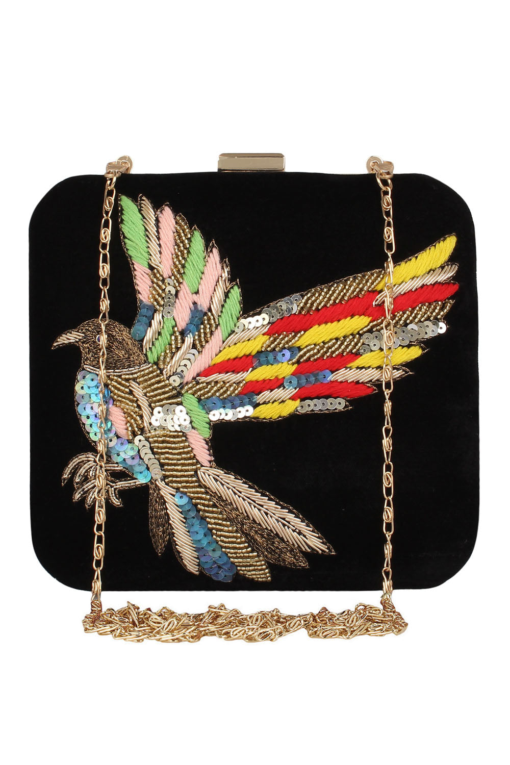 Designer Black Velvet Square Clutch With Multicolor Beadwork Bird Embroidery