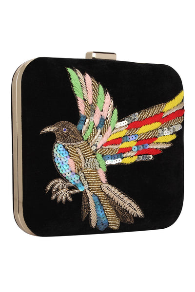 Designer Black Velvet Square Clutch With Multicolor Beadwork Bird Embroidery