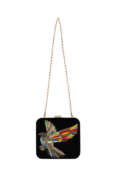 Designer Black Velvet Square Clutch With Multicolor Beadwork Bird Embroidery