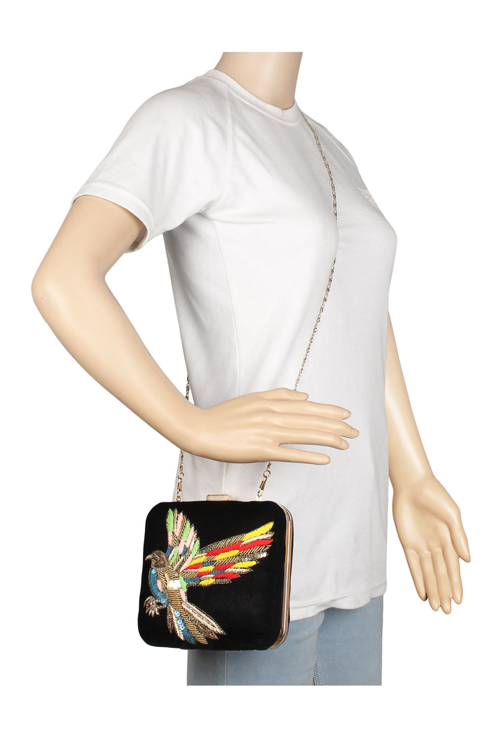 Designer Black Velvet Square Clutch With Multicolor Beadwork Bird Embroidery