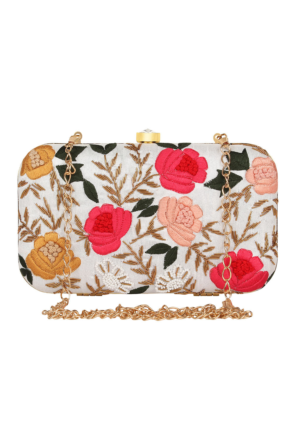 Designer White with Marigold and Coral Pink Floral Embroidery Clutch