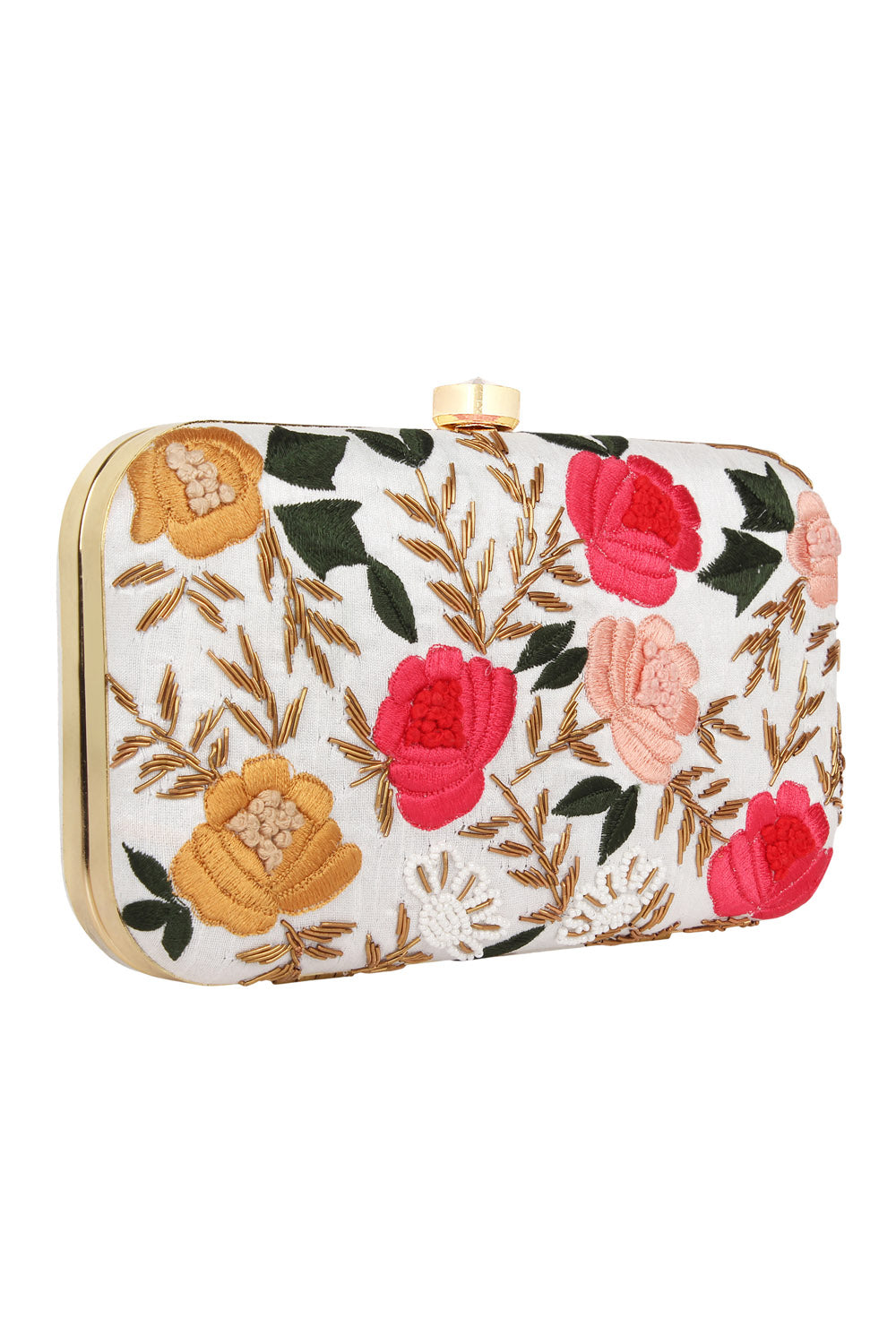 Designer White with Marigold and Coral Pink Floral Embroidery Clutch