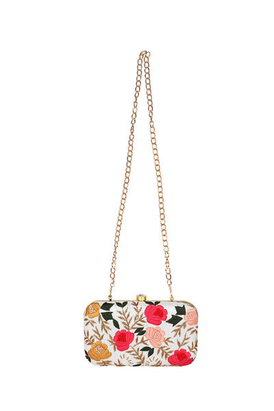 Designer White with Marigold and Coral Pink Floral Embroidery Clutch