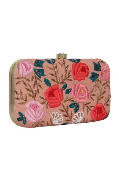 Designer Velvet Clutch in Pink with Floral Embroidery