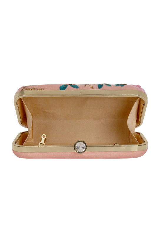 Designer Velvet Clutch in Pink with Floral Embroidery