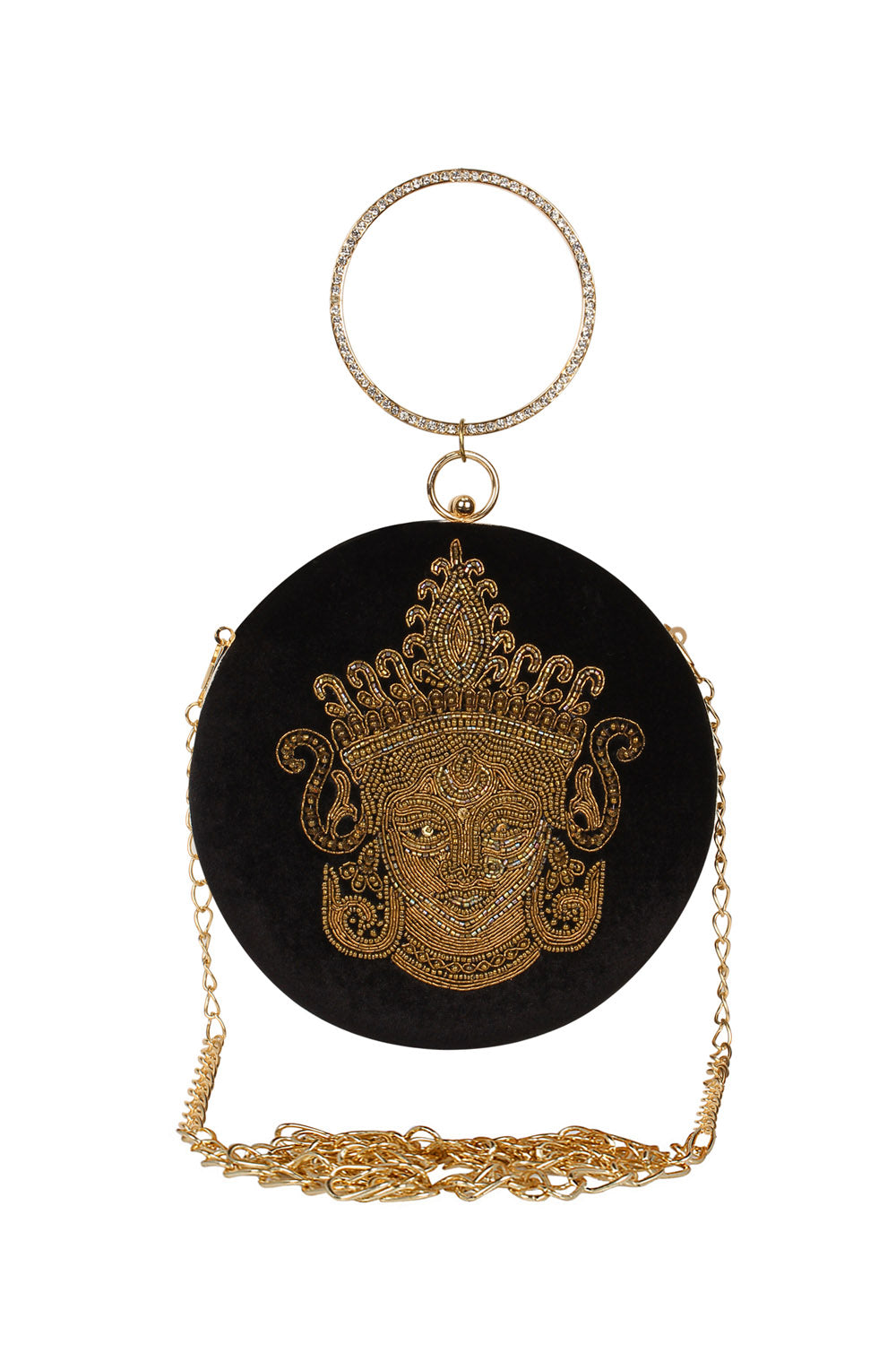 Designer Black Velvet Round Clutch With Ethnic Gold Embroidery