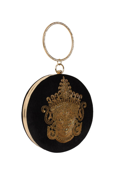 Designer Black Velvet Round Clutch With Ethnic Gold Embroidery