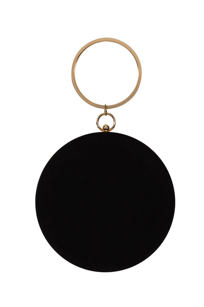 Designer Black Velvet Round Clutch With Ethnic Gold Embroidery