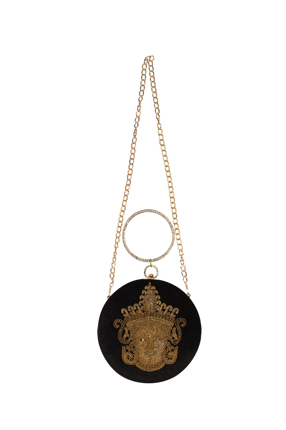 Designer Black Velvet Round Clutch With Ethnic Gold Embroidery