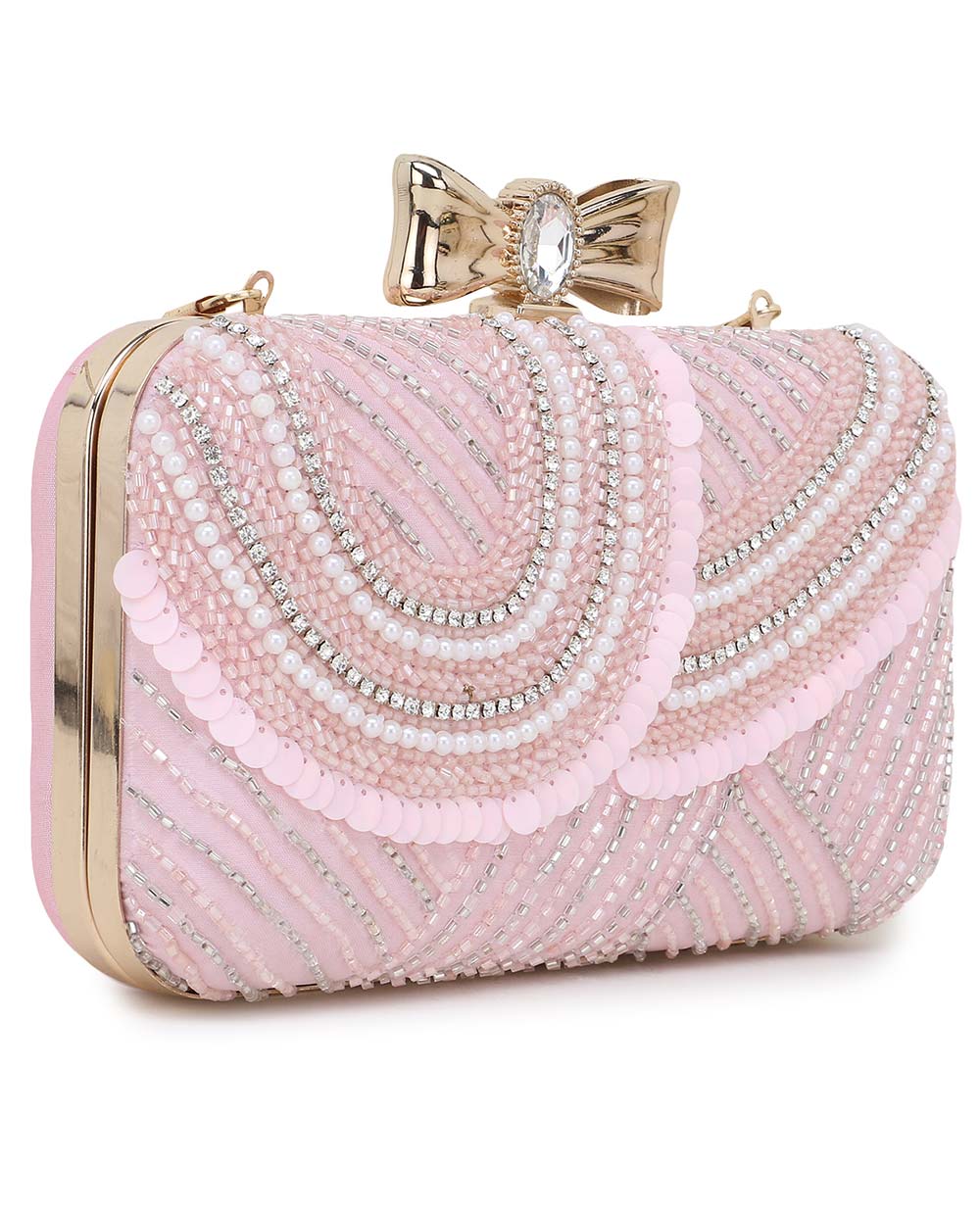 Designer Baby Pink & White Bead & Diamond Clutch