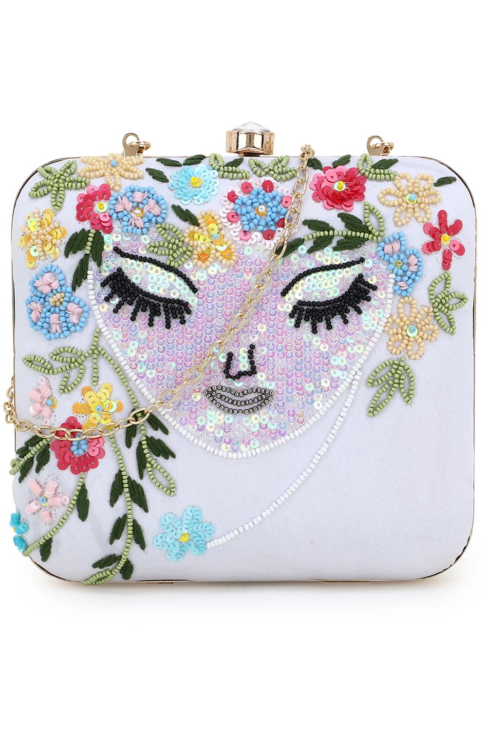 Designer White & Multicolored Visage Beadwork Box Clutch