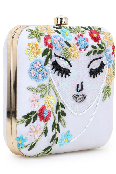 Designer White & Multicolored Visage Beadwork Box Clutch