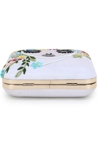 Designer White & Multicolored Visage Beadwork Box Clutch