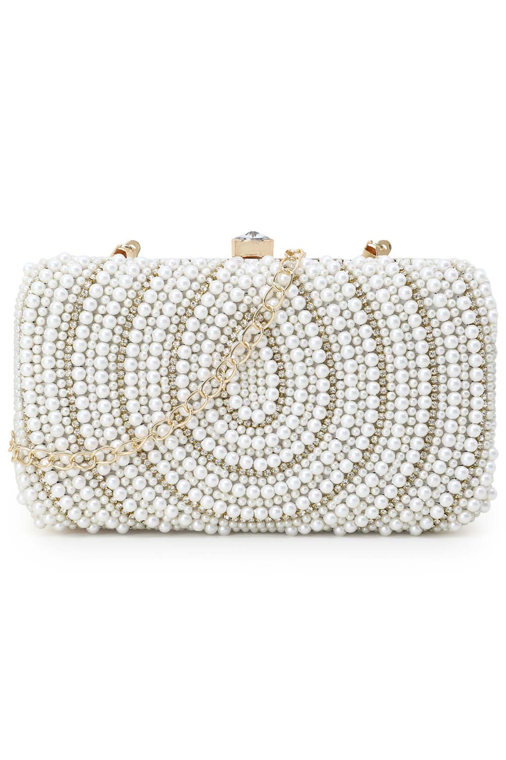 Designer White & Gold Silk Embellished Pearl Work Box Clutch