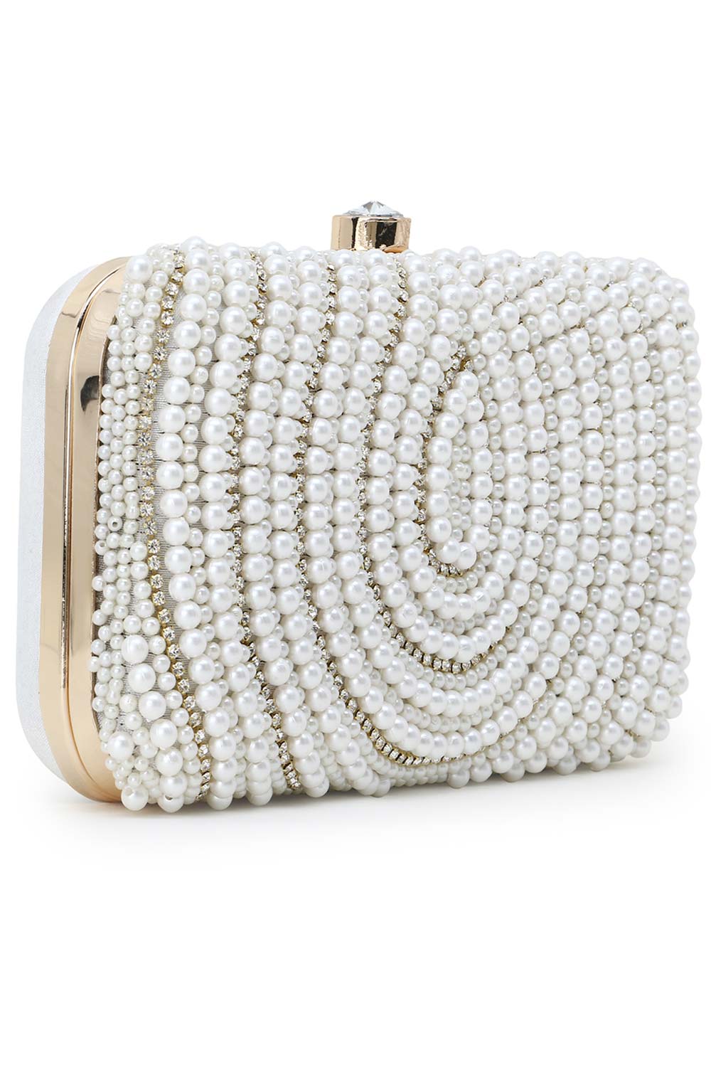 Designer White & Gold Silk Embellished Pearl Work Box Clutch