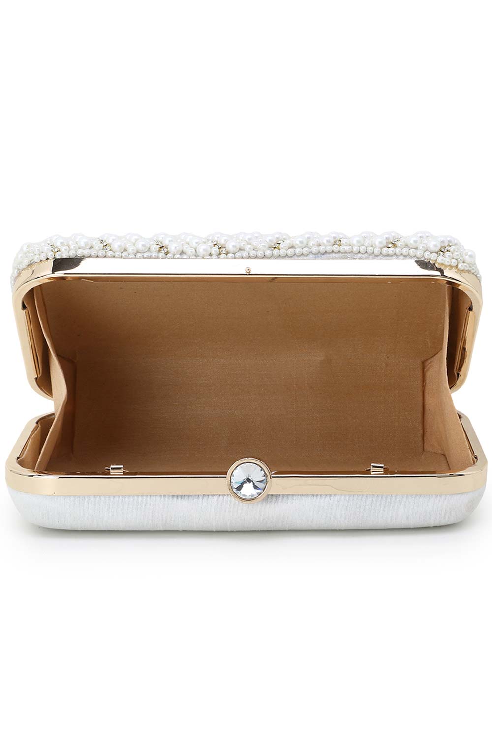 Designer White & Gold Silk Embellished Pearl Work Box Clutch