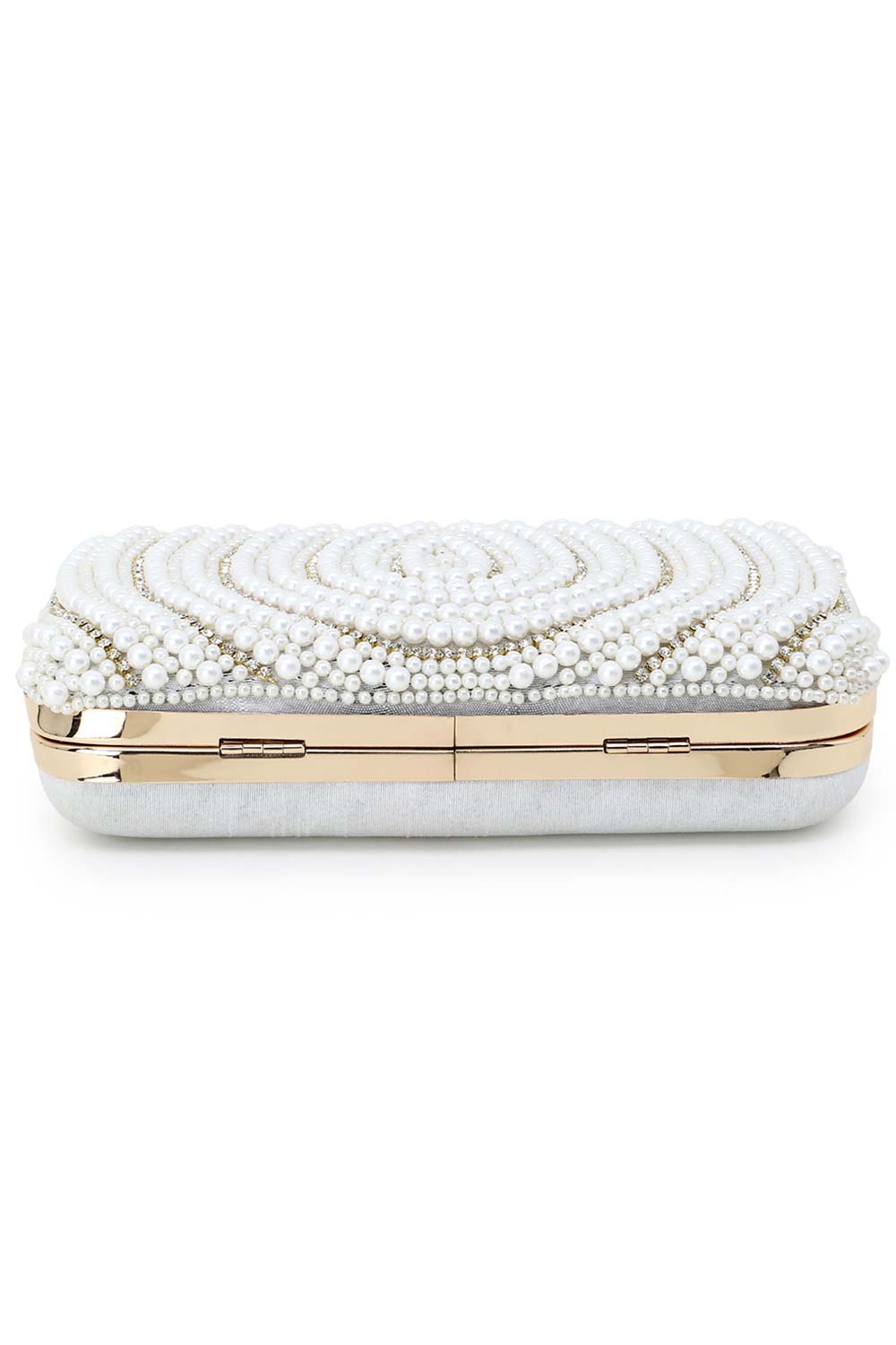 Designer White & Gold Silk Embellished Pearl Work Box Clutch