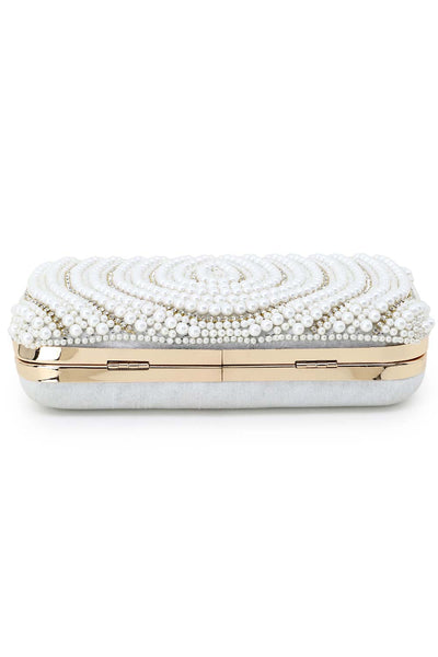 Designer White & Gold Silk Embellished Pearl Work Box Clutch