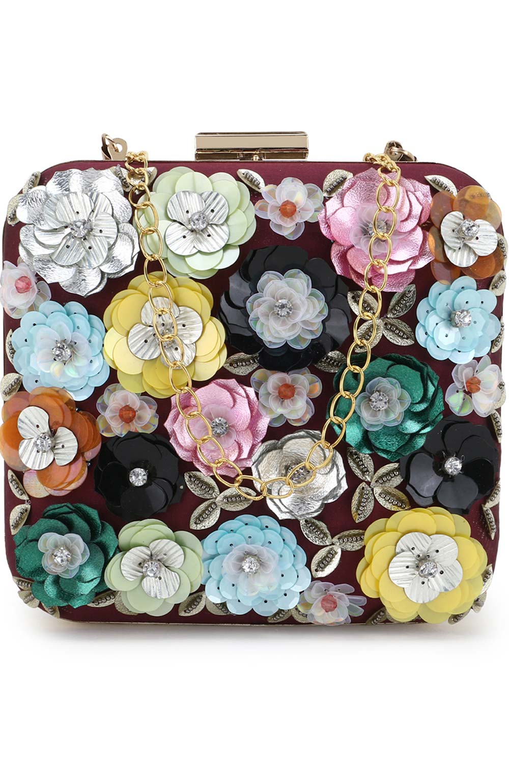 Designer Wine & Multi-colored Pop-out Floral Beadwork Square Clutch