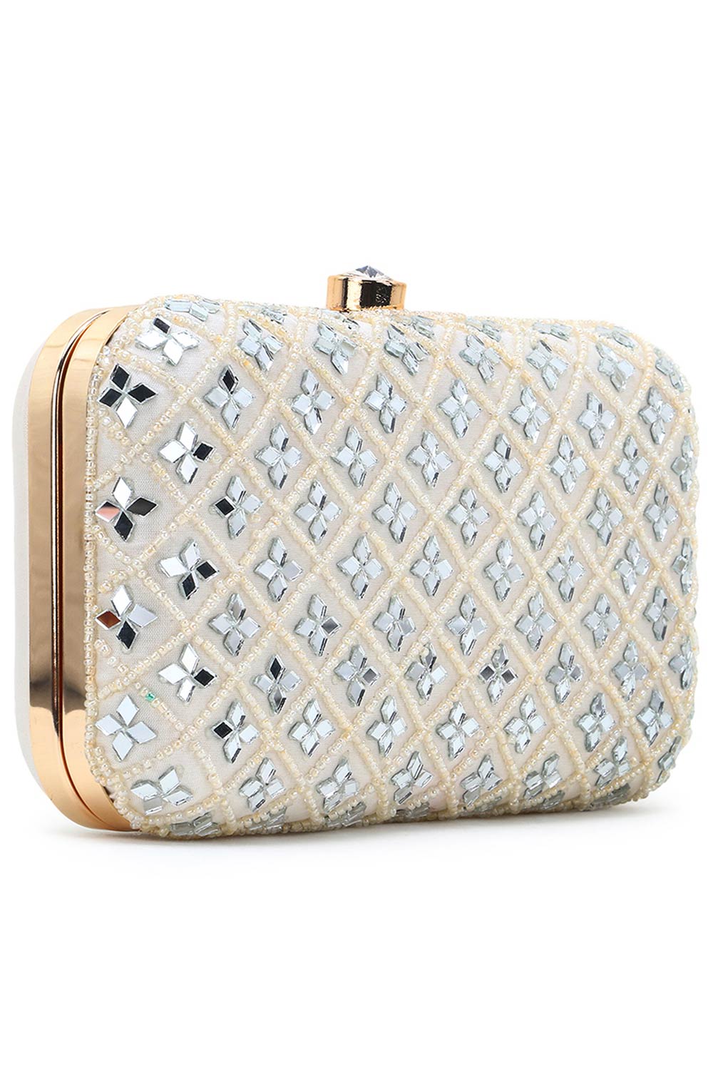 Designer Off White  Silk Geometric Clutch with Mirror Work