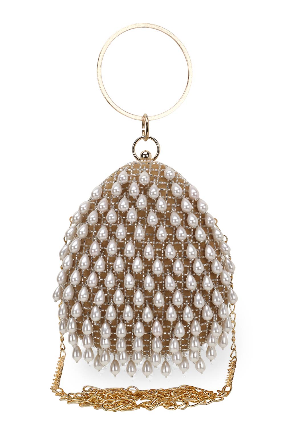 Designer Teardrop Wristlet in Tan & Off White with Dangling Pearls