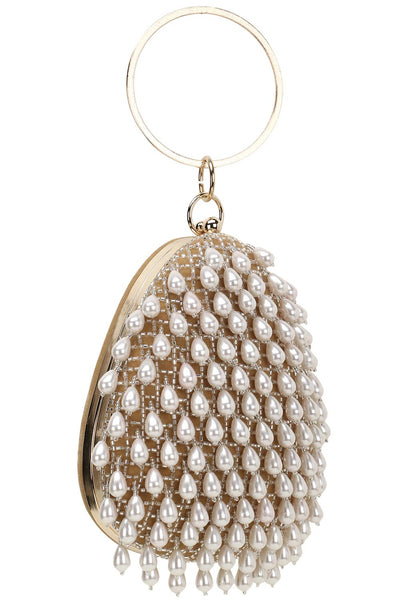 Designer Teardrop Wristlet in Tan & Off White with Dangling Pearls