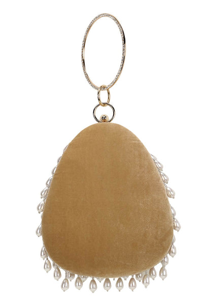 Designer Teardrop Wristlet in Tan & Off White with Dangling Pearls