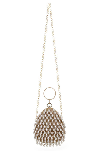 Designer Teardrop Wristlet in Tan & Off White with Dangling Pearls