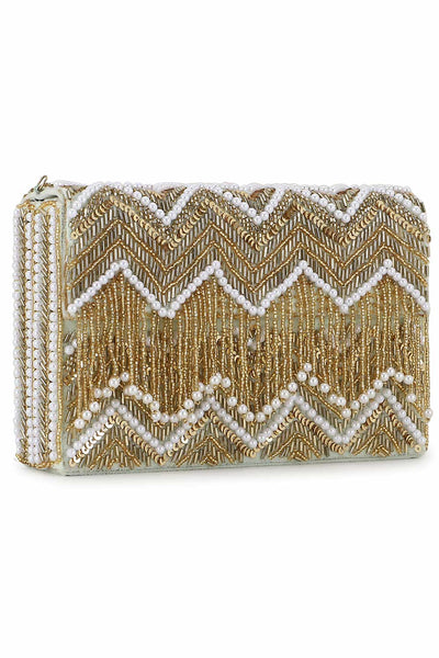 Designer Pastel Green & Gold Velvet Chevron Beadwork Clutch