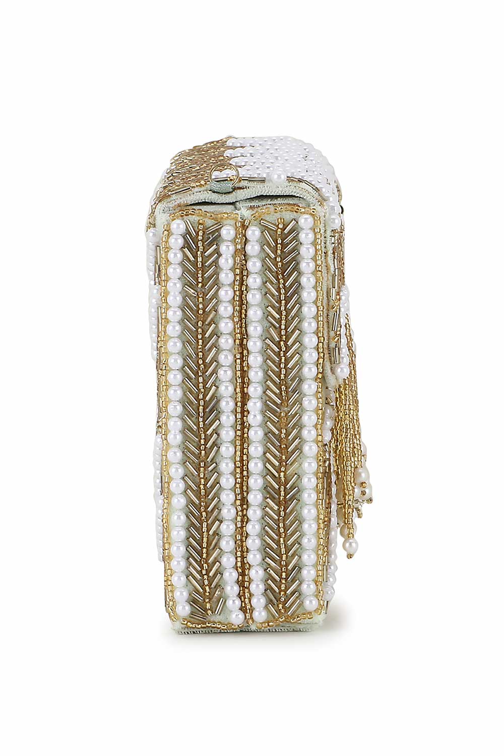 Designer Pastel Green & Gold Velvet Chevron Beadwork Clutch