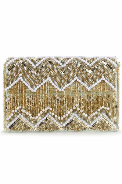 Designer Pastel Green & Gold Velvet Chevron Beadwork Clutch